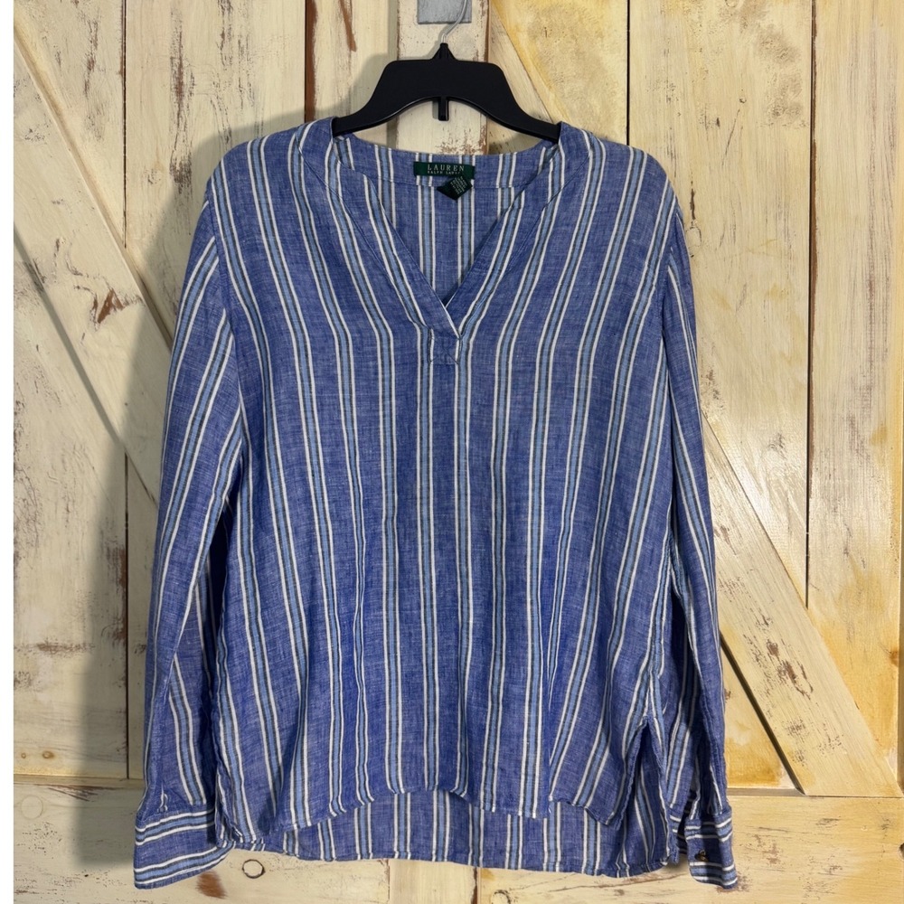 Lauren Ralph Lauren 100% Linen Striped Blue Blouse Long Sleeves RLL Button‎ M